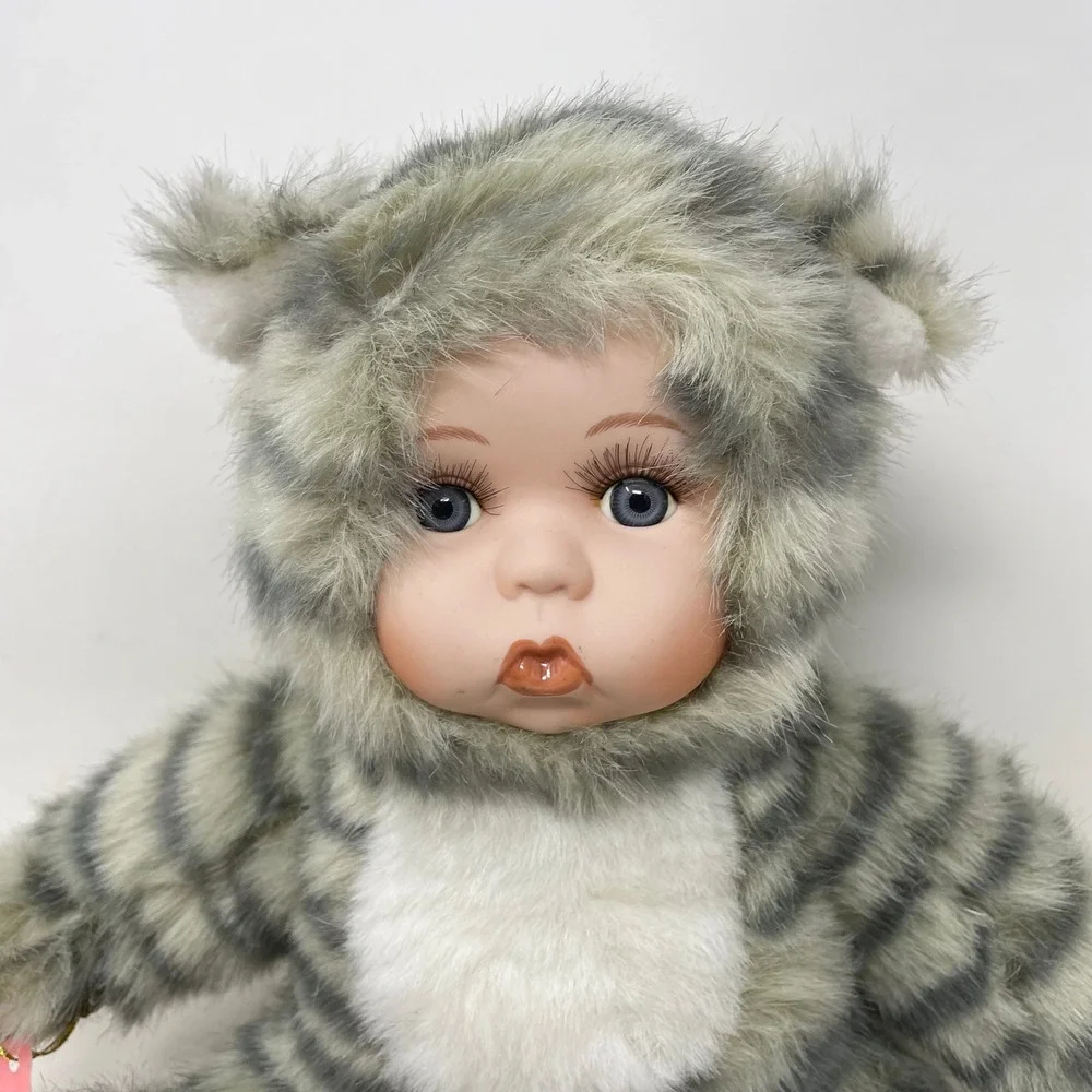 Show-Stoppers Purr Porcelain Doll Babes In The Wild Series Grey Tiger Cat Plush